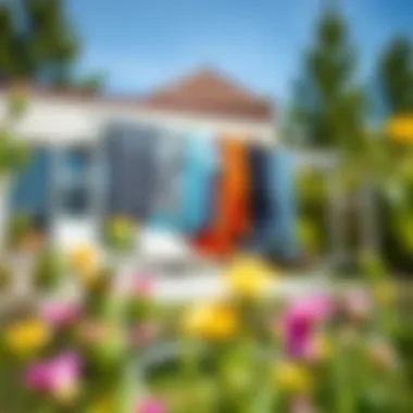 A modern drying rack placed in a sunny garden, showcasing its utility.