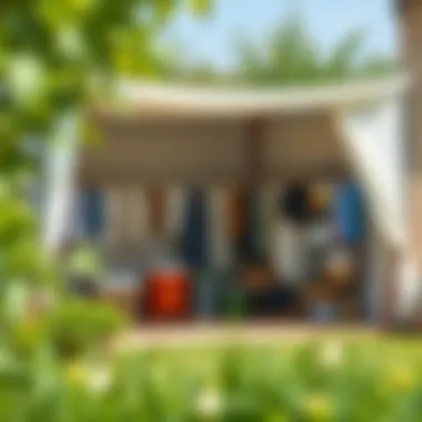 A well-maintained outdoor drying space with organized laundry, surrounded by greenery.