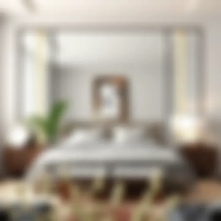 Contemporary bedroom showcasing an oversized mirror as a focal point