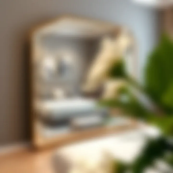 Elegant oversized mirror reflecting a stylish bedroom setup