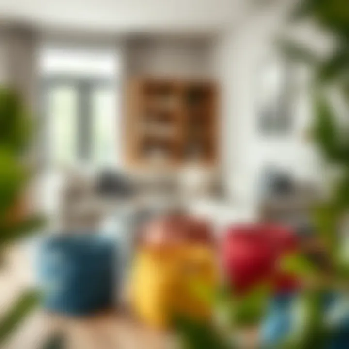 Colorful scrunchable hampers arranged in a stylish living space.