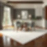 Elegant dining space showcasing a well-sized rug under an eight-chair dining table