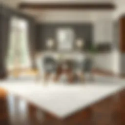 Elegant dining space showcasing a well-sized rug under an eight-chair dining table