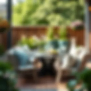 Stylish outdoor dining setup featuring decorative pillows