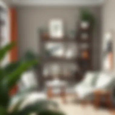 A cozy reading nook featuring a tall shelf adorned with plants and art.