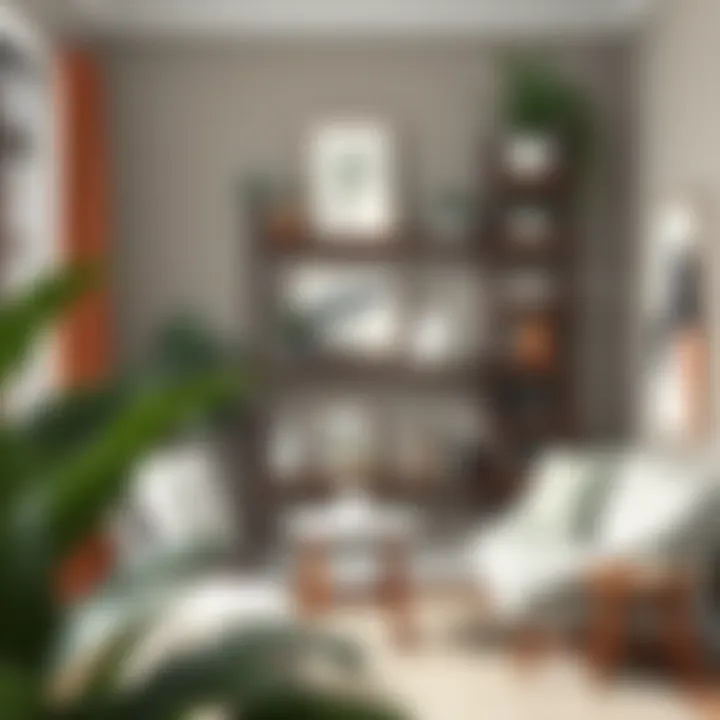 A cozy reading nook featuring a tall shelf adorned with plants and art.