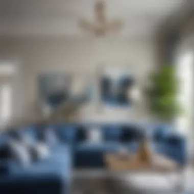 A beautifully coordinated living room featuring blue throw pillows