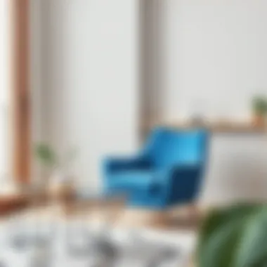 Pop of Color in Minimalist Space A blue suede accent chair adding a pop of color to a minimalist interior.