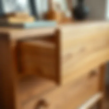 Close-up of the functional drawers of a brown oak chest