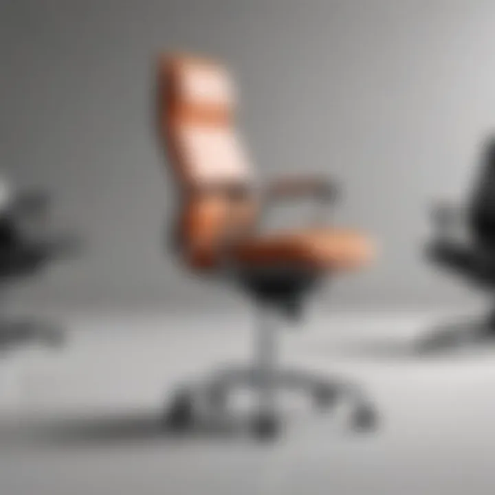 Various materials used in long seat office chairs on display