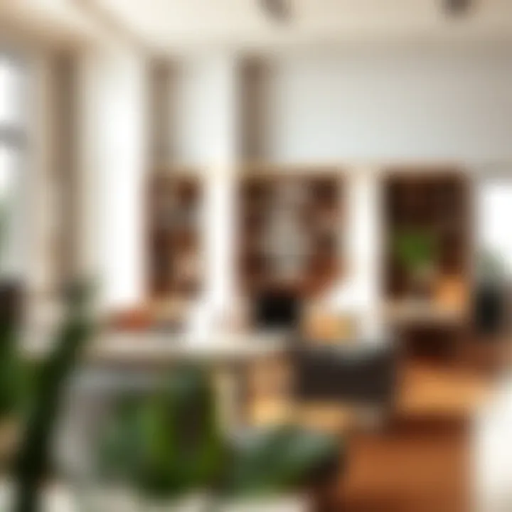 Office Space with Bookcase Division Functional office setup with a bookcase dividing work areas